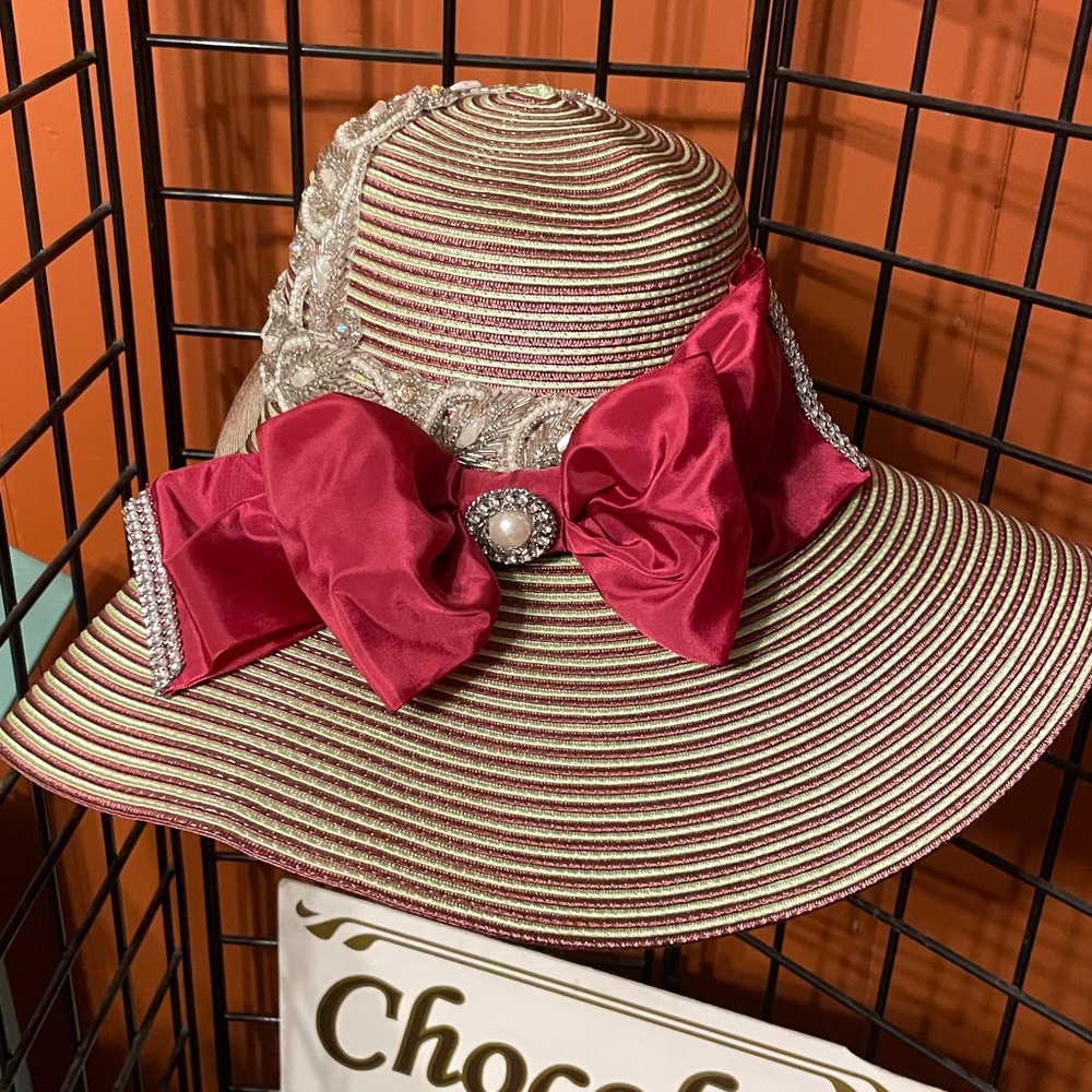 Elegant Striped Hat with Red Bow